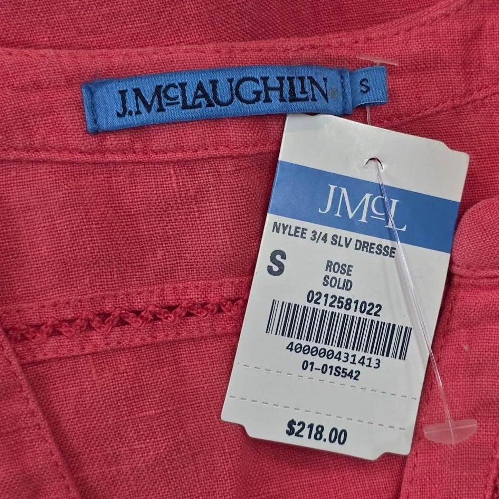 J.McLaughlin Women's S Nylee‎ 100% Linen Shift Dress Rose Pink 3/4 Sleeve NEW